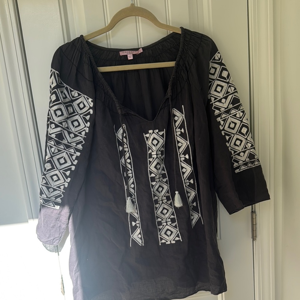 Calypso St. Barth Black and White Tunic with Cuffed Sleeves and Tie Front